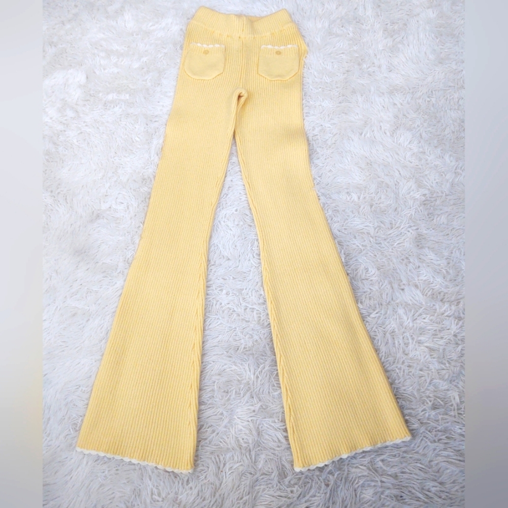Frankie's Bikinis Pale Yellow Ribbed Flare Pants